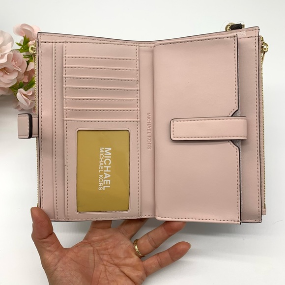 Michael Kors Jet Set Travel Double Zip Wristlet - Brown Signature/ Powder Blush - Picture 8 of 10